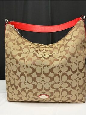 Coach Tan Signature Jacquard Hobo with Red Strap